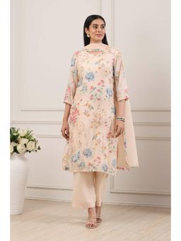 Biba - Women Beige Viscose Blend Straight Kurta With Inner, Palazzo & Dupatta