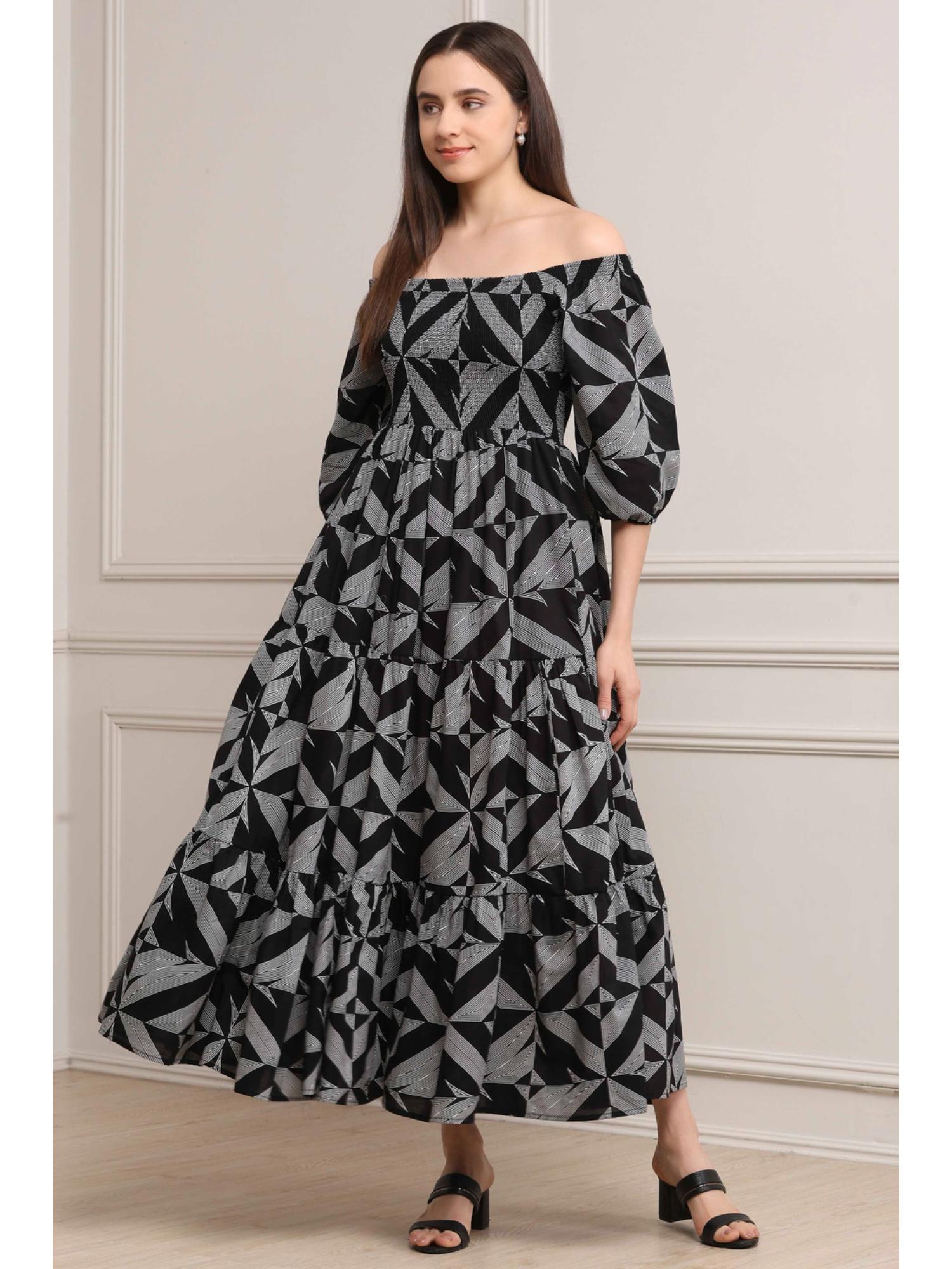 Women Black Cotton Printed Tiered Dress-image-34