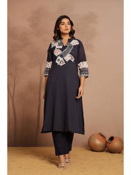 Gahan - Navy Blue Solid Cotton Blend Kurta with Pant