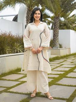 Gahan - Beige Botanical Cotton Blend Kurta with Pant