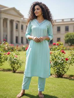 Gahan - Turquoise Botanical Cotton Blend Kurta with Pant