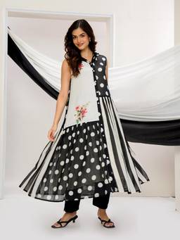 Gahan - Black Screen Print Cotton Blend Anarkali Kurta with Pant