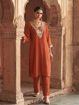 Gahan - Rust Solid Georgette Kurta with Pant