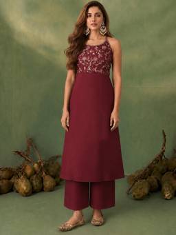 Gahan - Maroon Screen Print Georgette Kurta with Pant