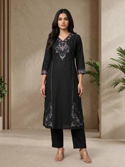 Gahan - Black Solid Cotton Blend Kurta with Pant