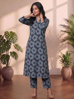 Gahan - Grey Floral Cotton Blend Printed Kurta with Pant