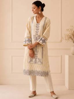 Gahan - Cream Screen Print Pure Silk Kurta with Pant
