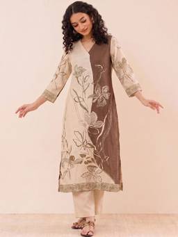 Gahan - Cream Screen Print Pure Silk Printed Kurta with Pant