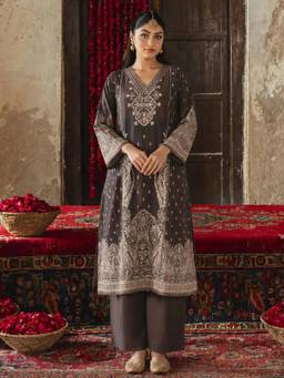 Gahan - Taupe Printed Silk Blend Kurta with Pant