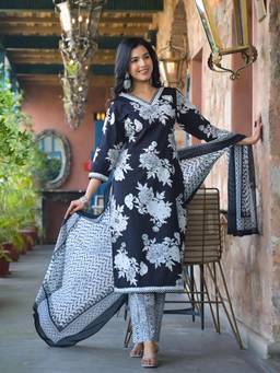 Gahan - Black Floral Pure Cotton Kurta with Pant with Dupatta