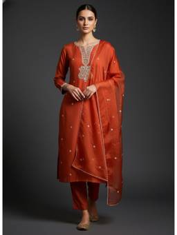 Gahan - Rust Zari Silk Blend Kurta with Pant with Dupatta