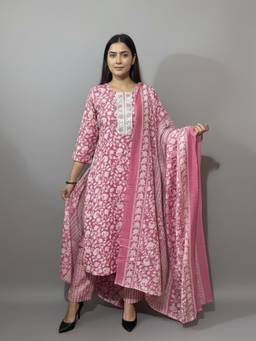 Gahan - Pink Printed Cotton Blend Kurta with Pant with Dupatta