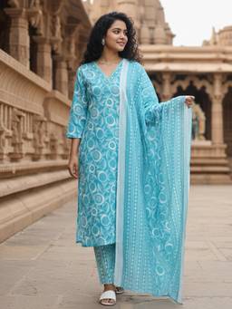 Gahan - Turquoise Cotton Blend Kurta with Pant with Dupatta
