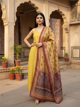 Gahan - Yellow Solid Cotton Blend Kurta with Pant with Dupatta