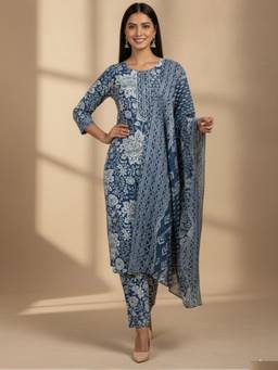 Gahan - Blue Printed Cotton Blend Kurta with Pant with Dupatta