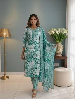 Gahan - Green Printed Cotton Blend Kurta with Pant with Dupatta