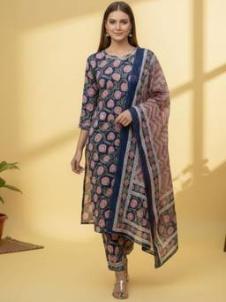 Gahan - Navy Blue Cotton Blend Kurta with Pant with Dupatta