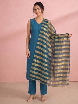 Gahan - Blue Solid Cotton Blend Kurta with Pant with Dupatta
