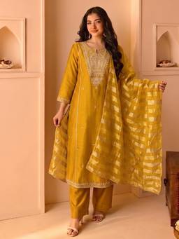 Gahan - Women Mustard Embroidered Kurta and Pant, Paired with A Shiny Striped Dupatta .
