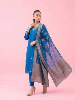 Gahan - Blue Zari Silk Blend Zari Detail Kurta with Pant with Dupatta