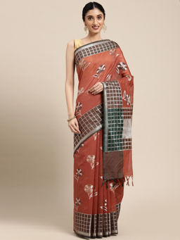 Banarasi Silk Works - Rust Kota Check Alfi Boota Zari Border Saree with Unstitched Blouse