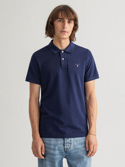 GANT - Men Navy Blue Solid Regular Fit Polo T-Shirt