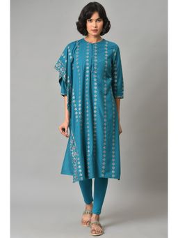 W - Women Green Festive Floral Print Shantung Kurta With Tight