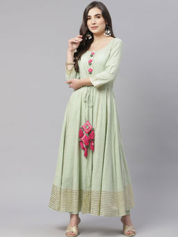 Divena - Pastel Green Flaired Cotton Kurta With Pants