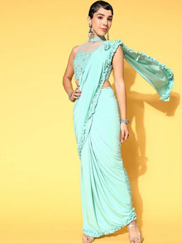Chhabra 555 - Turquoise Embellished/Sequined Pre-Draped Saree with Stitched Blouse