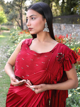 Chhabra 555 - Red Embellished/Sequined Pre-Draped Saree with Stitched Blouse