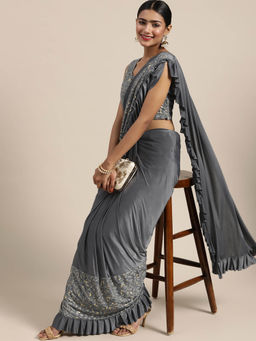 Chhabra 555 - Grey Textured Belt & Pre-Draped Saree with Stitched Blouse