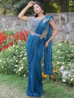 Chhabra 555 - Teal Embellished/Sequined Belt & Pre-Draped Saree with Stitched Blouse