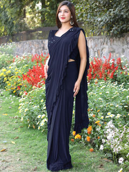 Chhabra 555 - Navy Blue Embellished/Sequined Pre-Draped Saree with Stitched Blouse