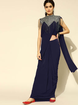 Chhabra 555 - Navy Blue Solid & Cape Pre-Draped Saree with Stitched Blouse