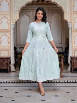 Juniper - Mint Green Ethnic Motif Printed Rayon Midi Dress with Buttons & Lace Work