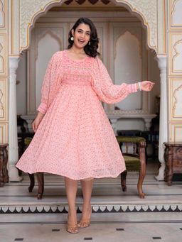 Juniper - Peach Ethnic Motif Printed Georgette Midi Dress with Sequins Work