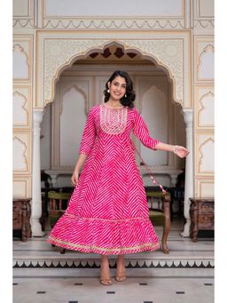 Juniper - Pink Cotton Leheriya Printed Anarkali Dress with Embroidered Yoke