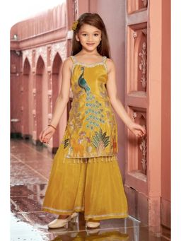 Lagorii - Girls Mustard Silk Embroidered Top with Palazzo