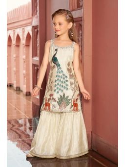 Lagorii - Girls Cream Silk Embroidered Top with Palazzo