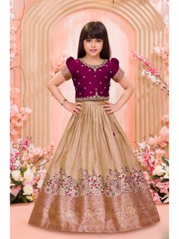 Lagorii - Girls Wine Silk Blend Embroidered Choli with Lehenga