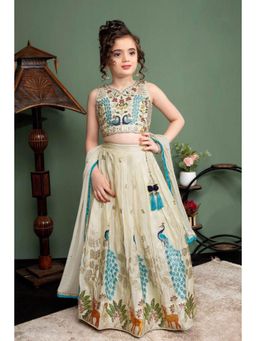Lagorii - Girls Cream Silk Blend Embroidered Lehenga with choli and Dupatta