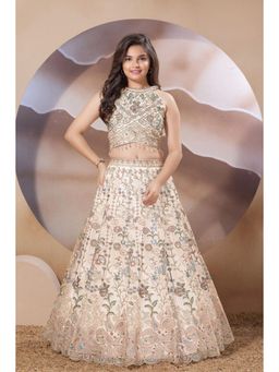 Lagorii - Girls Cream Net Embroidered Choli with Lehenga
