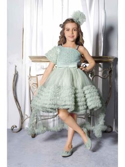 Lagorii - Girls Green Net Embellished Dress with Detachable Tailback and Hairband
