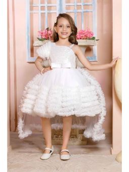 Lagorii - Girls White Net Embellished Dress with Detachable Tailback and Hairband