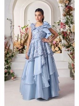Lagorii - Girls Blue Organza Embroidered Gown