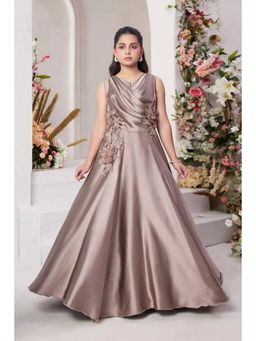 Lagorii - Girls Brown Satin Embroidered Gown