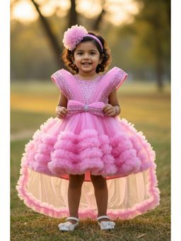 Lagorii - Girls Pink Net Embellished Dress with tailback and Hairband