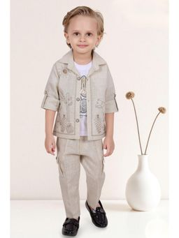 Lagorii - Boys Beige Linen Blend Embroidered T-Shirt with Jacket and Pant
