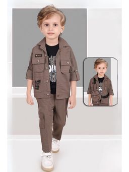 Lagorii - Boys Brown Cotton Blend Printed Jacket, Pant with T-Shirt and Side Bag