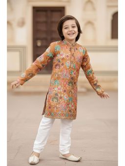 Lagorii - Boys Mustard Silk Printed Kurta with Pyjama